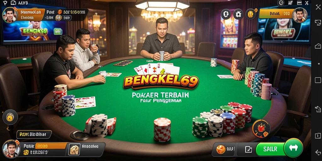 Screenshot utama BENGKEL69 menunjukkan aksi seru permainan poker.
