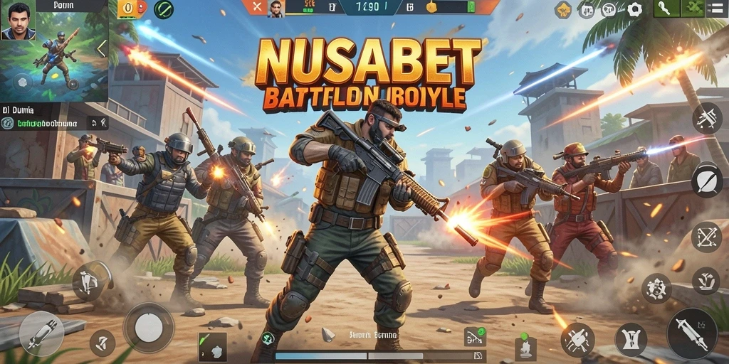 Screenshot gameplay NUSABET menunjukkan pertempuran Battle Royale yang mendebarkan.